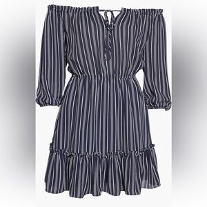 BB Dakota Striped Off Shoulder Dress WMNS M Navy/White Ruffle Layered Lined Mini